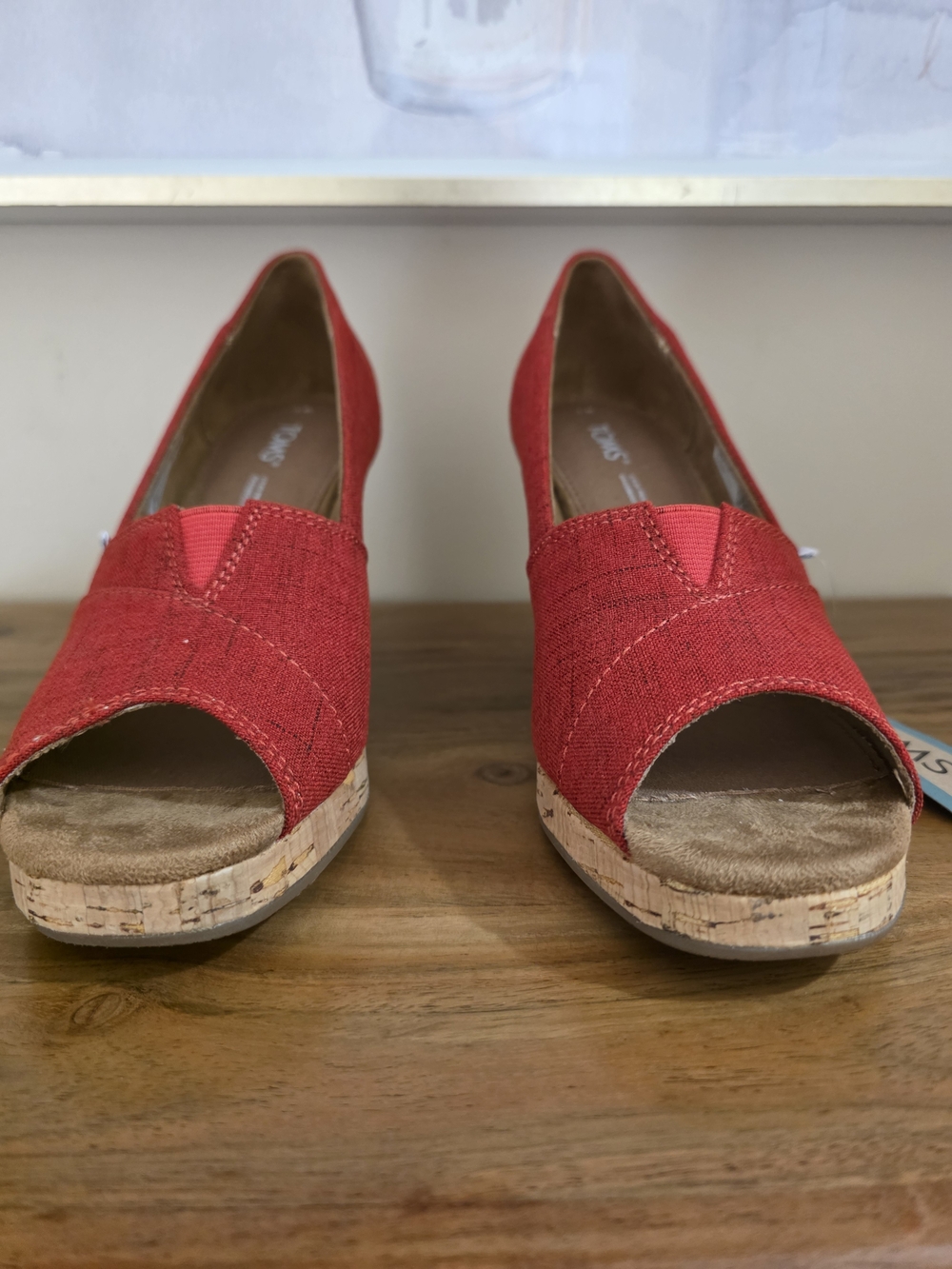 Toms Red Open-Toe Cork-Style Wedge Sandals